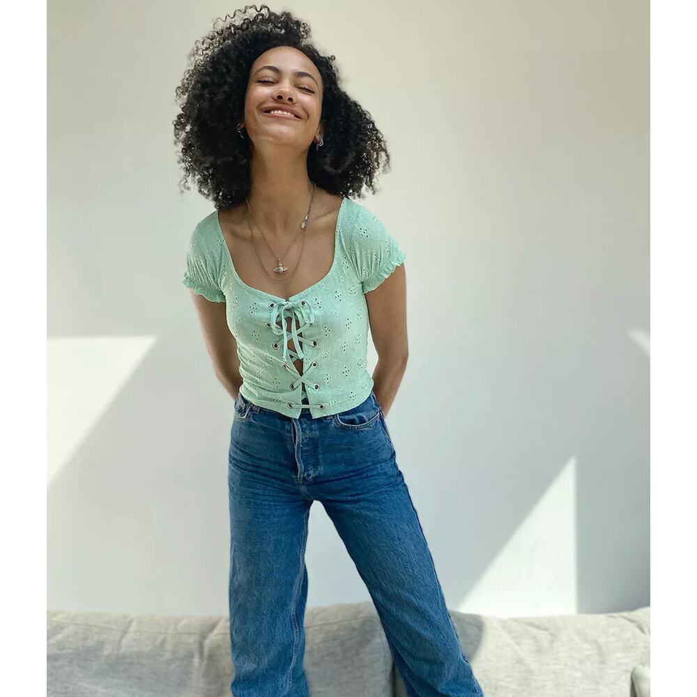Urban Outfitters Hayley Broderie Lace Up Top Womens Size Large Green Eyelet Boho